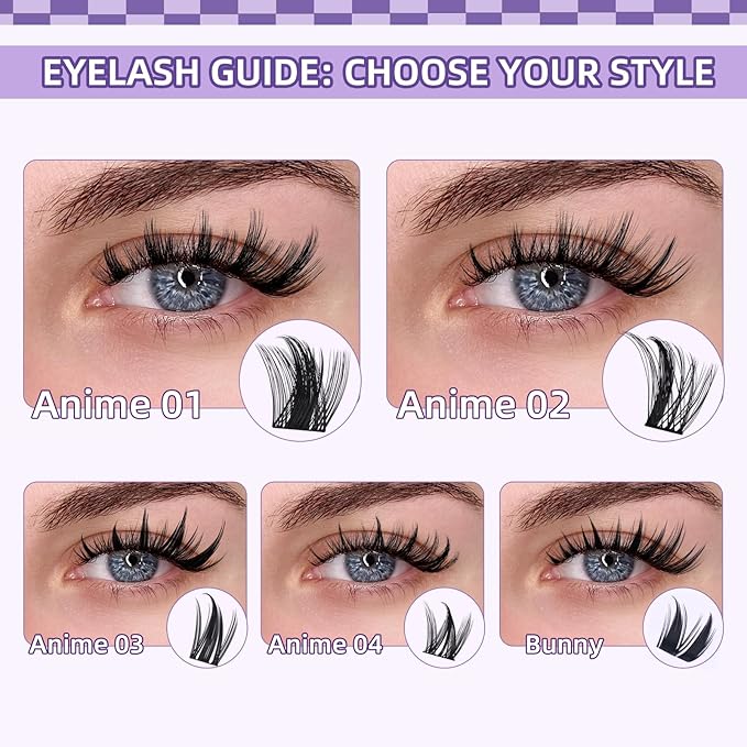 B&Qaugen Bunny Lash Clusters Kit Manga Lashes CC Curl Wispy Natural Invisible Band Eyelash Clusters, Waterproof DIY Lash Extensions at Home, Wet Look for Cosplay & Daily Wear (Lash Kit-Anime 05)