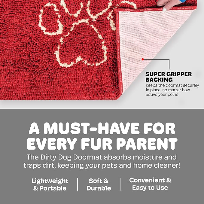 Dog Gone Smart Dirty Dog Doormat - Fast Drying Rug with Super Gripper Backing for Clean Floors - Super Absorbent and Machine Washable Mat for Muddy Paws - Maroon