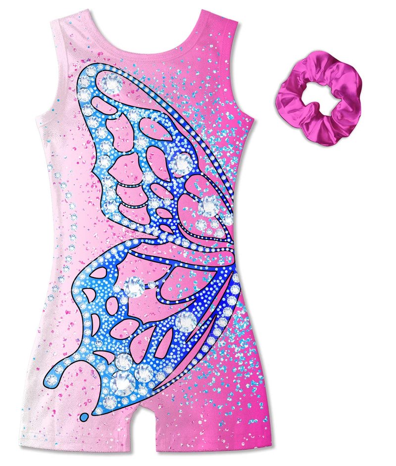 Vogseek Gymnastics Leotards for Girls 9 10 Years Pink Blue Butterflyss Tumbling Outfits with Hair Scrunchie Kids Sparkle Ballet Dance Biketards, Pink Blue