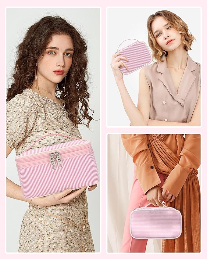Relavel Travel Makeup Bag, Small Pink Cosmetic Bag with 2 Makeup Brush Holders, Portable Makeup Pouch for Women, Cute Toiletry Bag with Double Layer Organizer, Strip