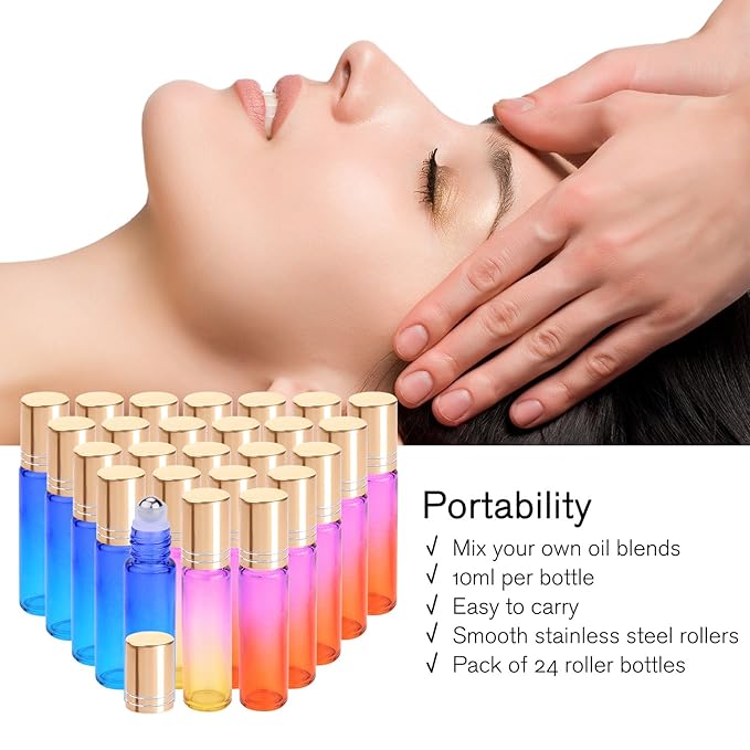 PrettyCare 24 Pack, 10 ml Essential Oil Roller Bottles with Stainless Steel Roller Ball - Refillable Leak-proof Empty Thick Rainbow Glass Roll on Bottles with Metal Caps for Travel, Perfume