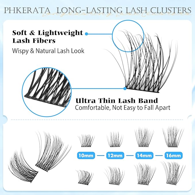 PHKERATA Natural Lash Clusters Eyelash Extensions Wispy Individual Lashes 120 pcs Eyelash Clusters 10-16 mm Mix Length DIY C Curvature Lashes Clusters, Soft and Lightweight