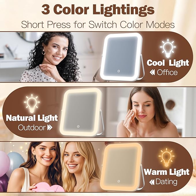 ROLOVE Travel Makeup Mirror with Lights, Ultra-Thin Aluminum Lighted Vanity Mirror, 8"x10" Rechargeable LED Mirror for Travel & Desk, 3 Color Dimmable Portable Folding Mirror, Gifts for Women
