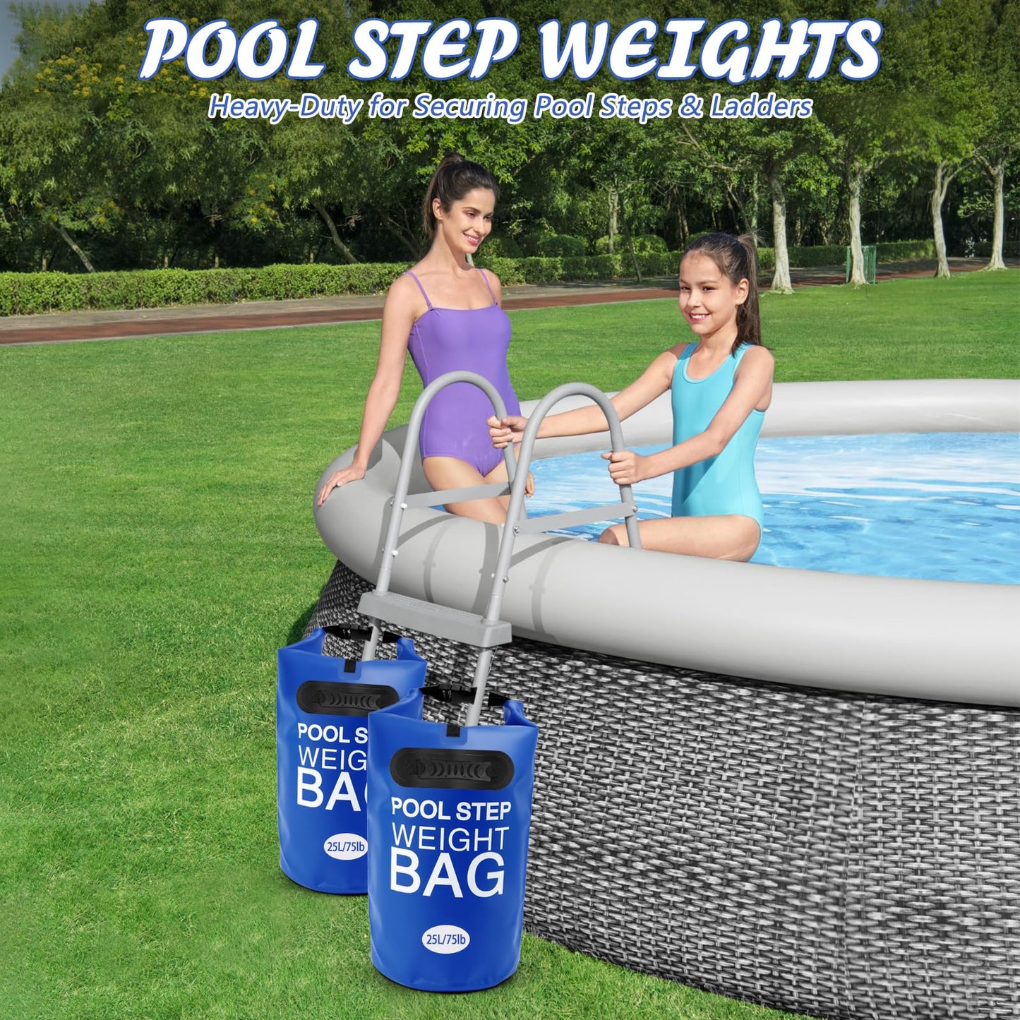 2 Pack 25L/75lb Universal Pool Step Weights 500D PVC Waterproof Swimming Pool Ladder Weights No Breaken Above Ground Pool Ladder Sand Bags, Foldable Pool Stair Weights for Pool Steps(Blue)
