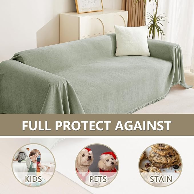 MYSKY HOME Sectional Couch Cover Blanket Living Room Furniture Protector for Pets, Farmhouse Home Decor Sofa Covers Tassel Chenielle Sofa Slipcover Soft Throw Couch for Dogs, 71" X 150", Sage Green