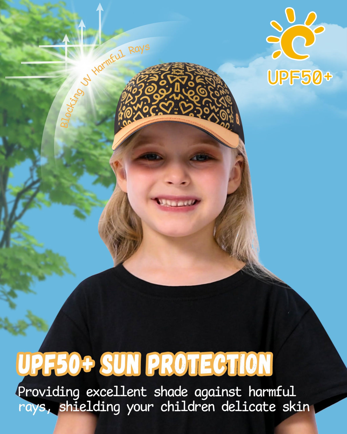 GADIEMKENSD Toddler Baseball Hat with Kaleidoscope Pattern, UV Protection Baby Sun Cap for Kids, Breathable Toddler Baseball Caps for Boys Girls Summer Beach School Yellow Black 4-9Y