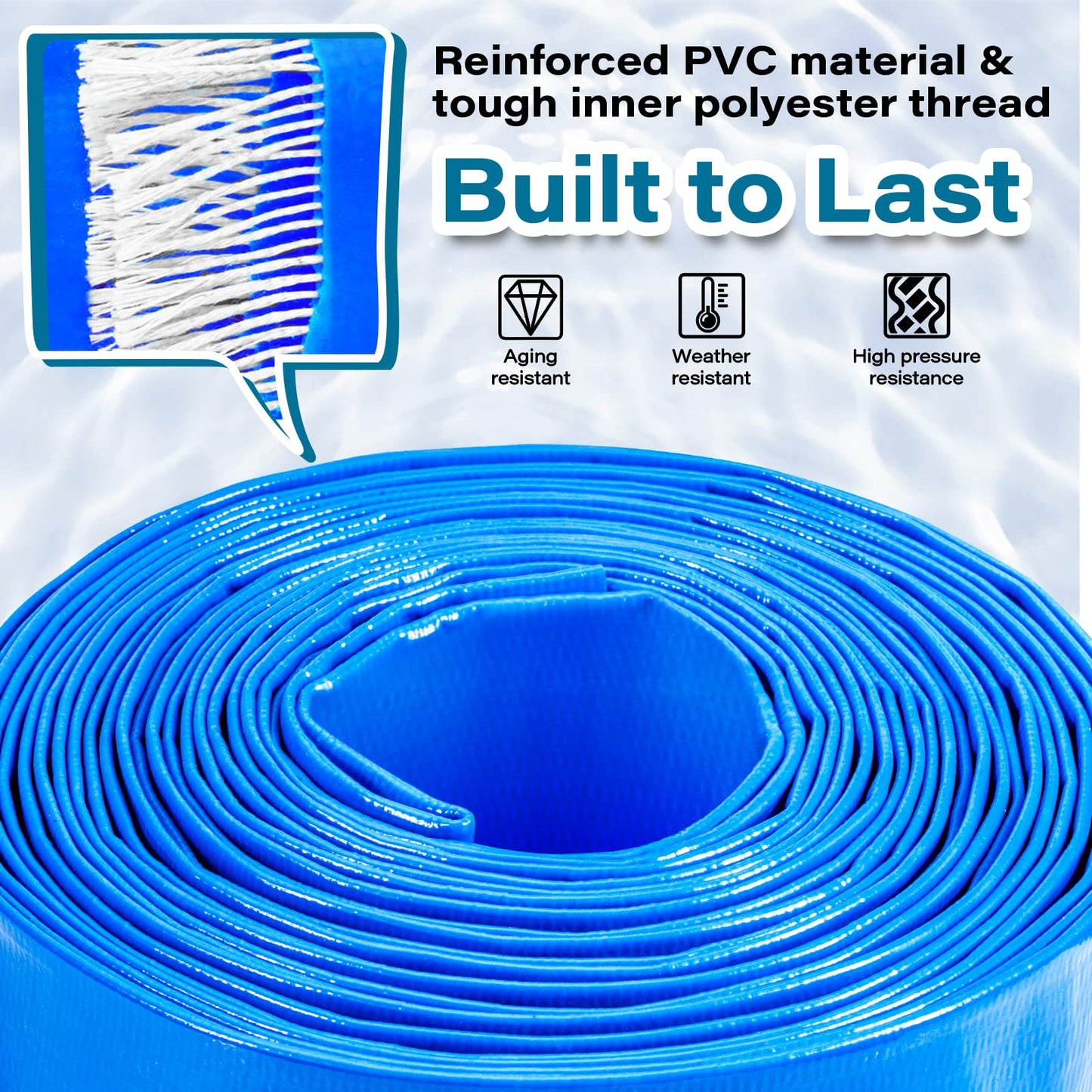 Jin&Bao 2" x 25 FT Pool Backwash Hose, Heavy Duty Reinforced Lay-Flat Discharge Hose, Burst Resistant Drain Hose with 2 Clamps, for Pool Filter & Sump Pump-Blue