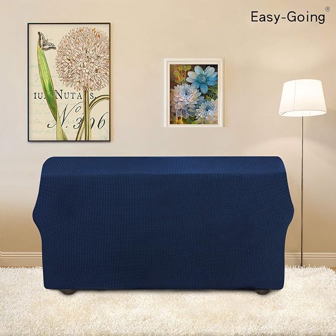 Easy-Going Stretch Loveseat Slipcover 1-Piece Sofa Cover Furniture Protector Couch Soft with Elastic Bottom for Kids Polyester Spandex Jacquard Fabric Small Checks (Loveseat, Navy)