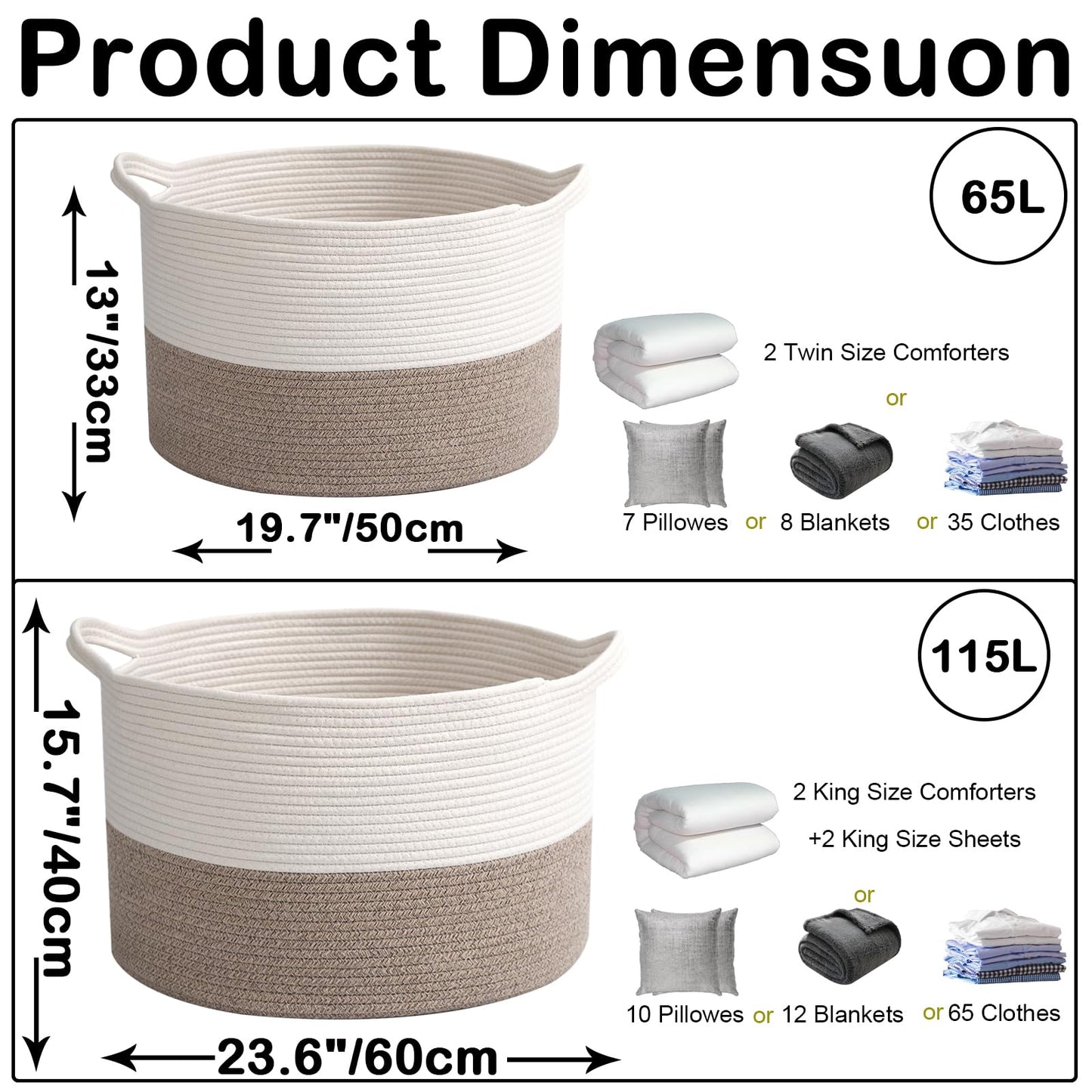 HZFTJOY 65L Large Woven Cotton Rope Blanket Basket with Handles, Laundry Hamper Storage Bin for Pillows, Clothes, Bedroom and Living Room Organization, White & Brown