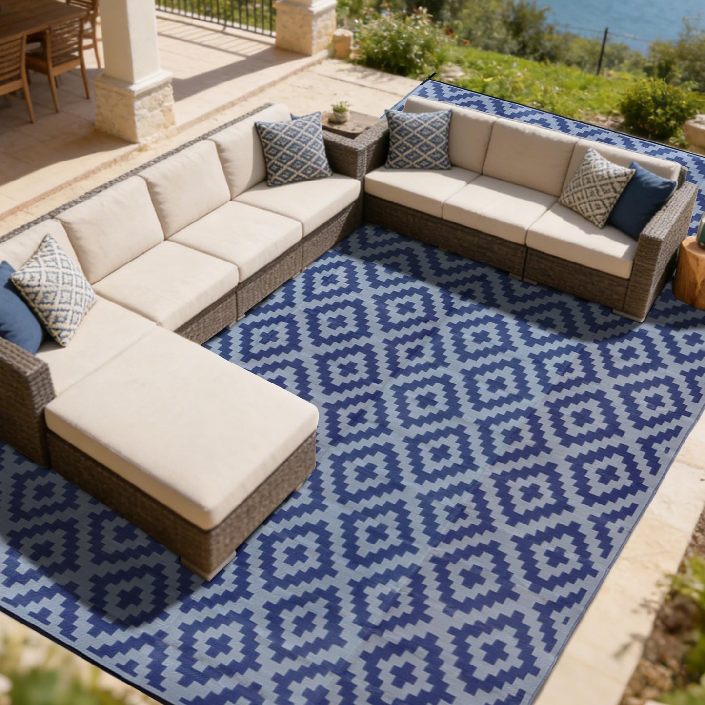 SAND MINE Reversible Mats, Plastic Straw Rug, Modern Area Rug, Large Floor Mat and Rug for Outdoors, RV, Patio, Backyard, Deck, Picnic, Beach, Trailer, Camping, Dark Blue & Grey, 10' x 20'