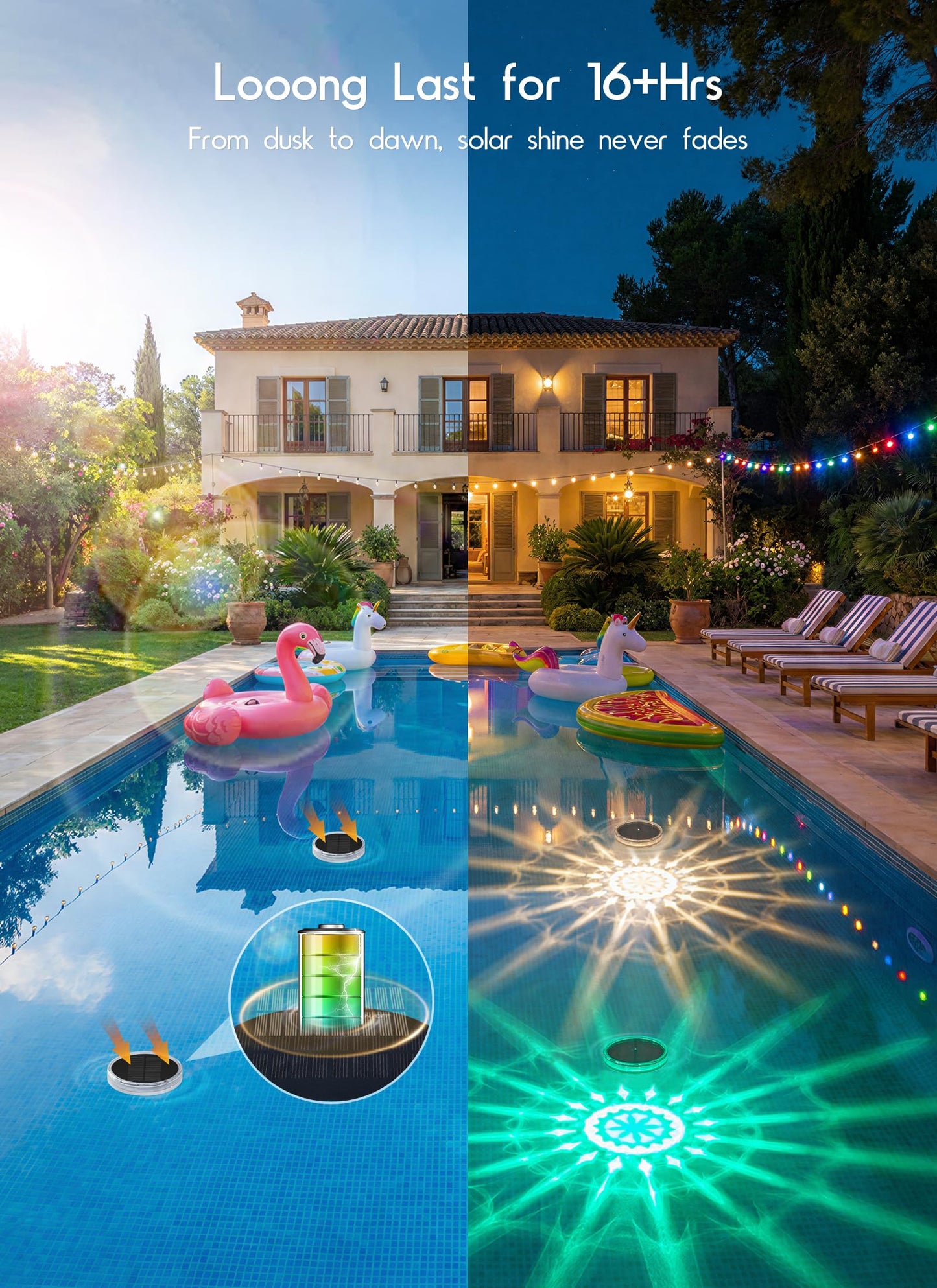 Floating Solar Pool Lights 1 Pack, RGBWW 12 Lighting Modes, 3 Dimming & Timing IP68 Waterproof with Remote Control, Solar Floating Pool Lights for Above Ground Pools Inground Pools Accessories Bathtub