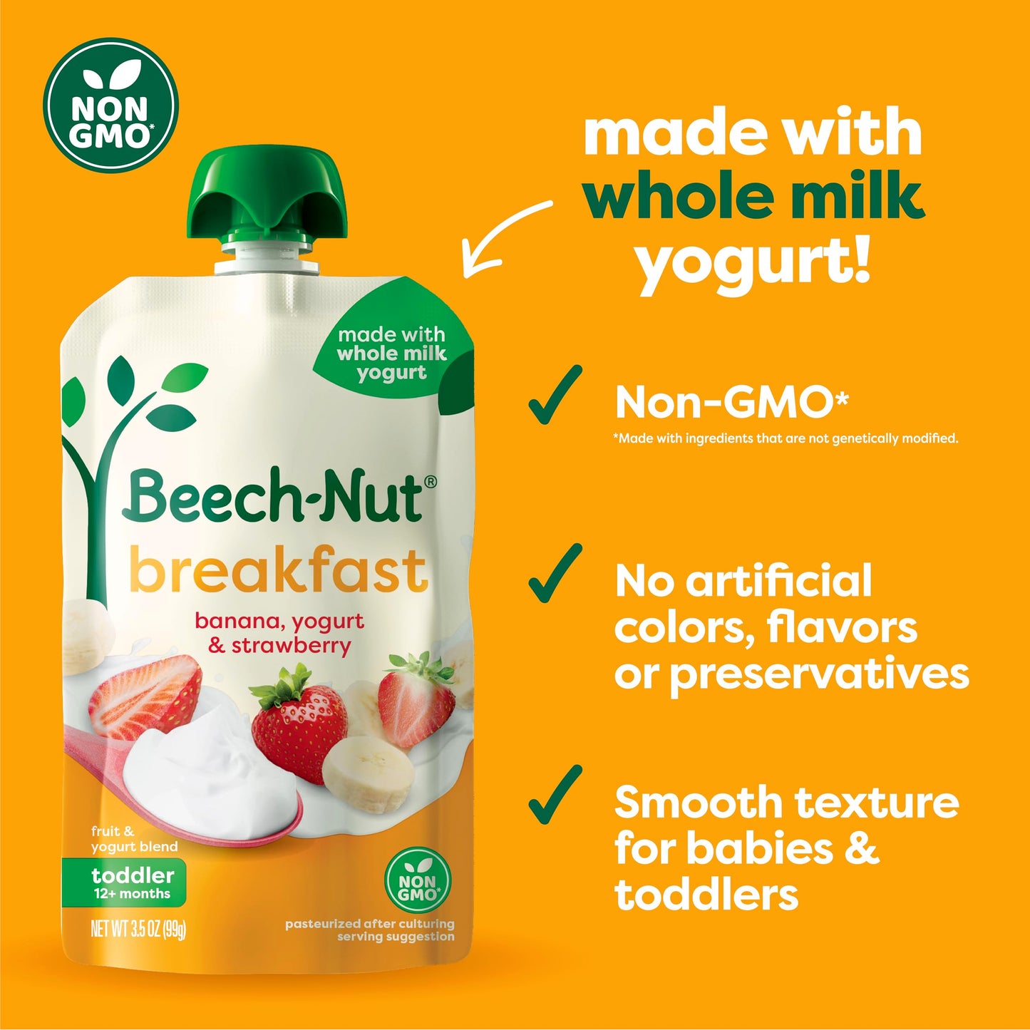 Beech-Nut Toddler Food Breakfast Pouches,Yogurt Banana & Strawberry Puree, 3.5 oz (12 Pack)
