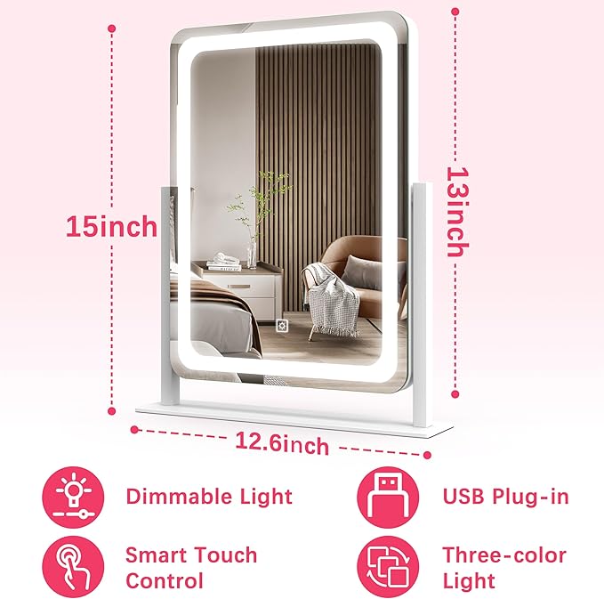 ROLOVE Vanity Mirror with Lights, 12.6"x15" LED Makeup Mirror with Lights, Smart Touch Control 3 Color Dimmable, Lighted Desk Mirror for Bedroom, Light Up Mirror