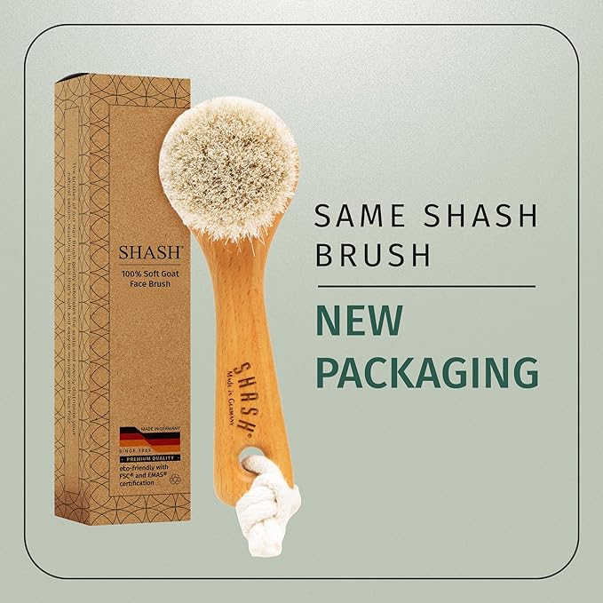 SHASH Since 1869 Hand Made in Germany - Sustainable Exfoliating Face Brush, Scrub Cleansing Brush, Exfoliates Skin to Help Reduce Flaking, Fine Lines, Supports Glowing Complexion (Soft Goat Bristle)