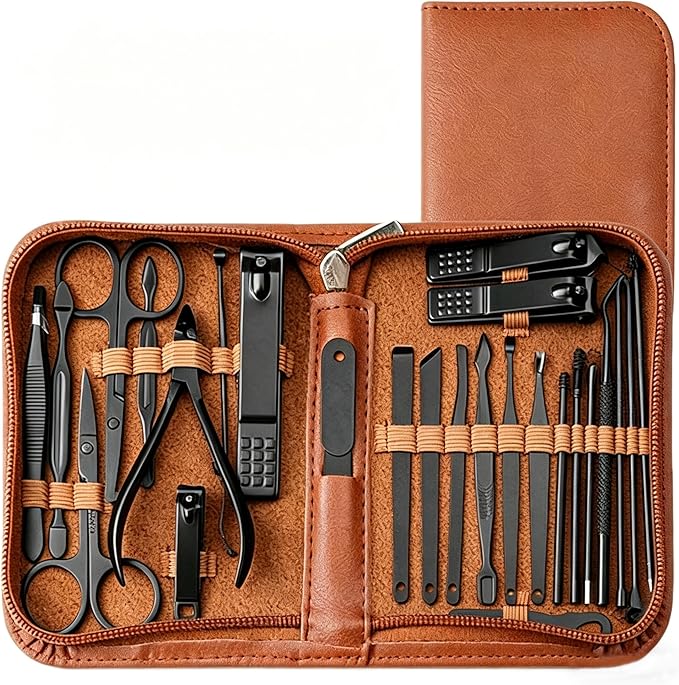 Premium 26-in-1 Manicure & Pedicure Kit Ã¢ÂÂ Stainless Steel Nail Clippers Set with Brown PU Leather Travel Case for Men & Women
