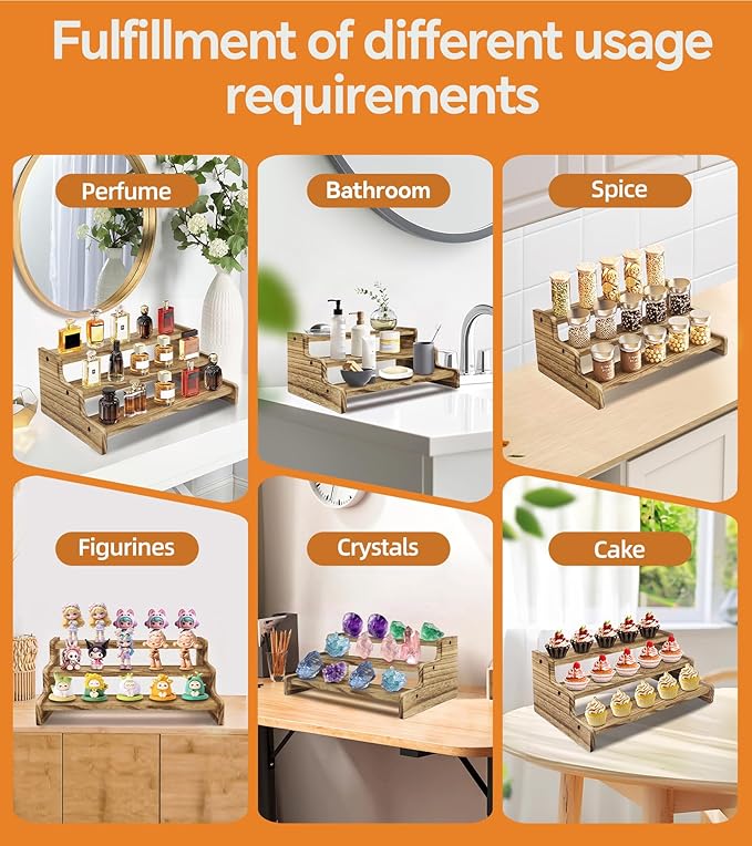 Wooden Cologne Organizer for Men, Perfume Organizer Stand, Cologne Stand with Anti-Slip Washers, Wooden Display Risers Stand for Dessert, Cupcake, Charcoal-Grilled, 3-tier-13.8in