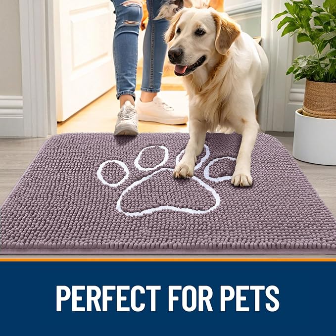 OLANLY Dog Door Mat for Muddy Paws 40x32, Paw Print Design, Absorbs Moisture and Dirt, Absorbent Non-Slip Washable Doormat, Quick Dry Chenille Mud Mat, Entry Indoor Entryway Carpet, Deep Plum