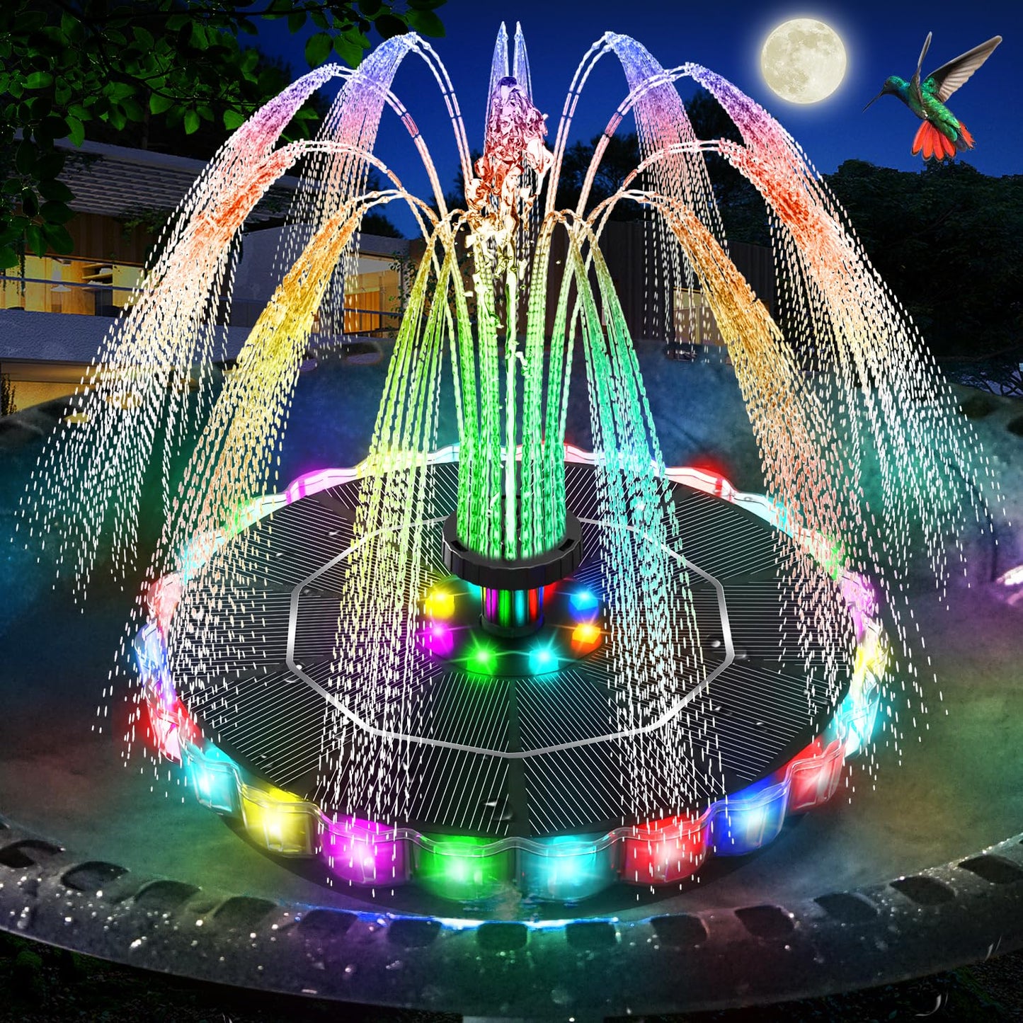 GAIZERL Solar Fountain, 2026 Upgrade 3.5W Solar Bird Bath Fountains with Colorful Ring LED Lights, 2000mAh Battery, 7 Nozzles and 4 Fixers, Solar Water Fountain Pump for Pond, Pool, Patio and Garden