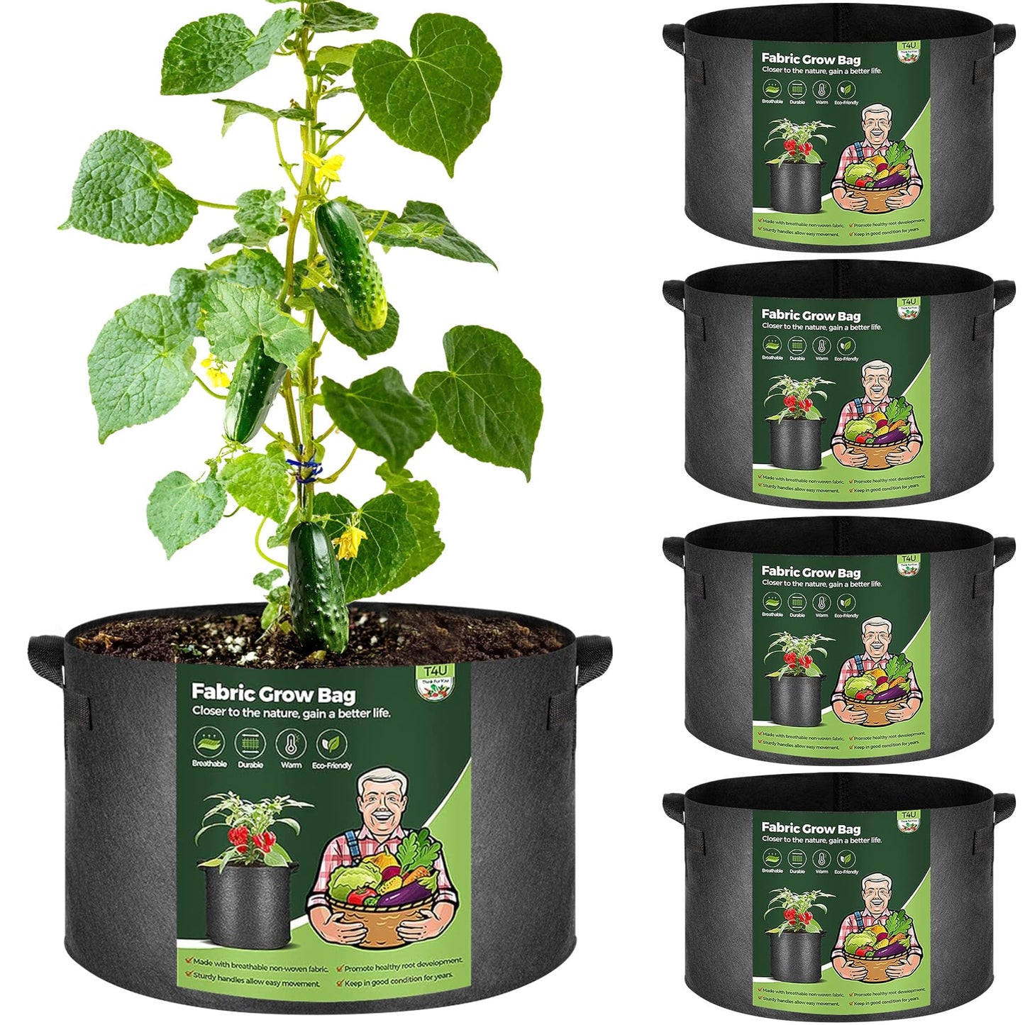 T4U Fabric Plant Grow Bags with Handle 15 Gallon Pack of 5, Heavy Duty Nonwoven Smart Garden Pot Thickened Aeration Nursery Container Black for Outdoor Potato, Tomato, Chili, Carrot and Vegetables