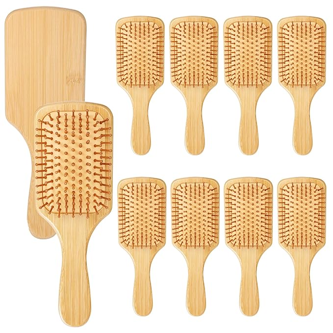 10 Pcs Bamboo Hair Brush, Bulk Round-tipped Bamboo Bristles Detangling Brush Paddle Lightweight Massage Anti Static for Women Men and Children, Stimulates Scalp for Hair Growth (Small, Count, 10)