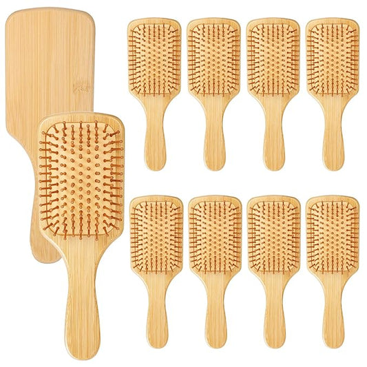 10 Pcs Bamboo Hair Brush, Bulk Round-tipped Bamboo Bristles Detangling Brush Paddle Lightweight Massage Anti Static for Women Men and Children, Stimulates Scalp for Hair Growth (Small, Count, 10)