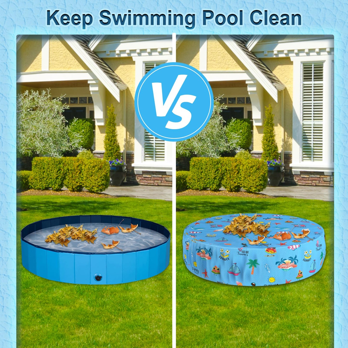 Docuwee Round Pool Cover 63"(5 Ft), Foldable Kiddie Solar Cover Fit Dog Swimming Pool, Pets Kids Bath Tub, Anti-UV Dustproof Safety Pool Cover with Summer Beach Patterns
