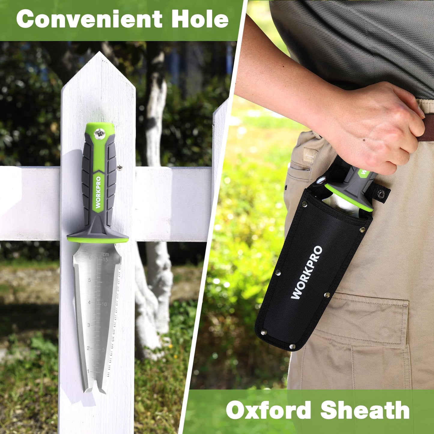 WORKPRO Hori Hori Garden Knife, 7" Stainless Steel Blade with Cutting Edge, Garden Tools with Oxford Sheath, Ergonomic TRP Handle with Hanging Hole for Weeding, Planting, Digging
