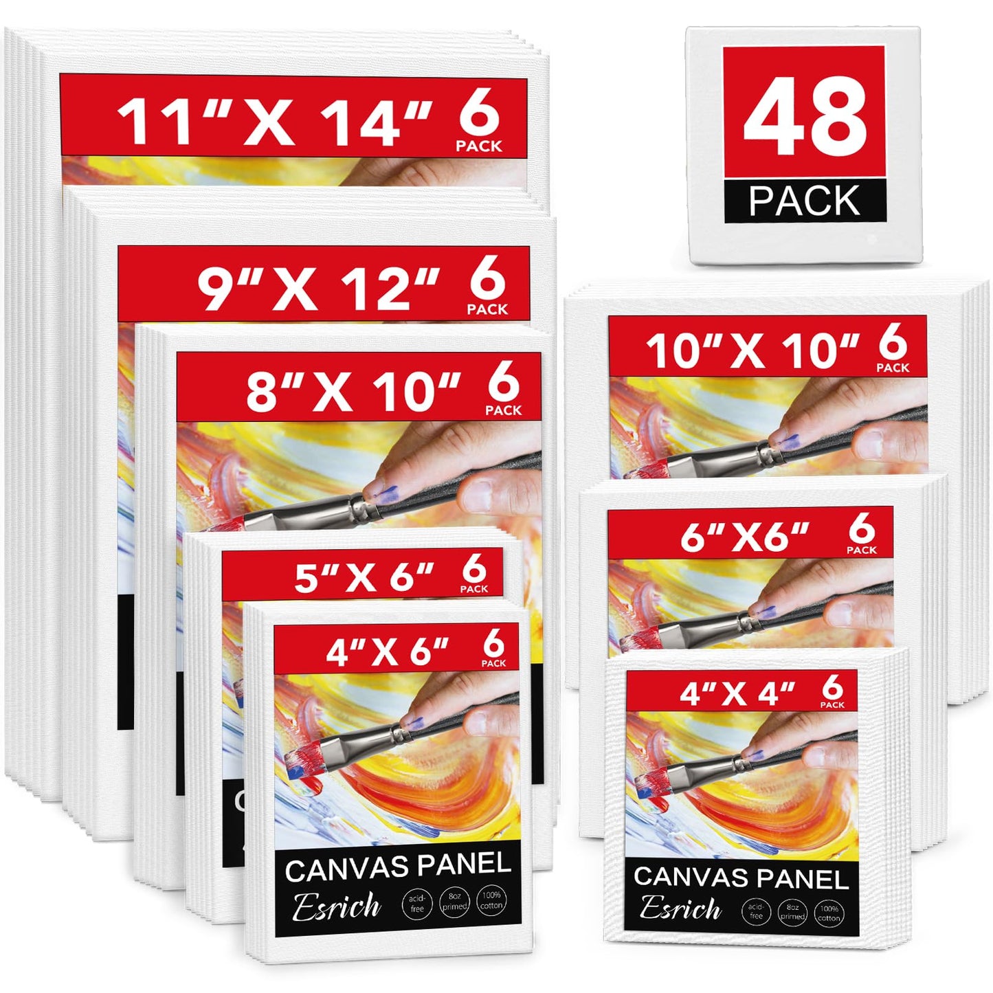 ESRICH 48 Pack Canvas Boards for Painting, 6Pcs of 4x4, 4x6, 5x6, 6x6, 8x10, 10x10, 9x12, 11x14 Canvas for Painting, Cotton Primed Blank Painting Canvas Panels for Oil, Acrylic, Watercolor