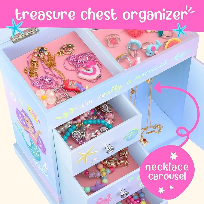Giggle & Honey® Mermaid Musical Jewelry Box for Girls Kids Music Box with Drawers, Mermaid Mermaid Gifts for Girls, Mermaid Jewelry Boxes for Ages 3-10