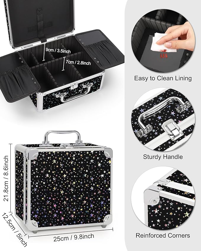 Relavel Makeup Bag with LED Mirror, Makeup Box Travel Train Case with Rechargeable Lighted Mirror, Cosmetic Brush Organizer Storage for Makeup Artists Gifts for Women and Girls (Black Star, Small)