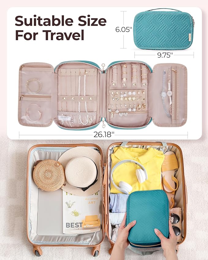 BAGSMART Travel Jewelry Case, Jewelry Organizer for Women Zipper Rings Holder Storage Pouch for Rolls Necklaces,Stud Earrings,Bracelets,Teal