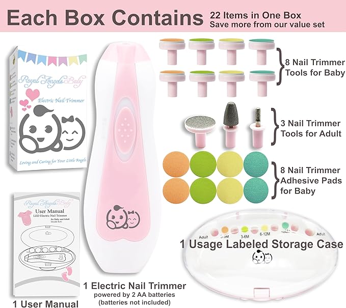 Royal Angels Upgraded 21 in 1 Baby Nail Trimmer with Labeled Case, 13 Extra Replacement Pads, Safe Electric Baby Nail File Kit for Newborns & Toddlers, Whisper Quiet Nail Clipper with LED Light (Pink)