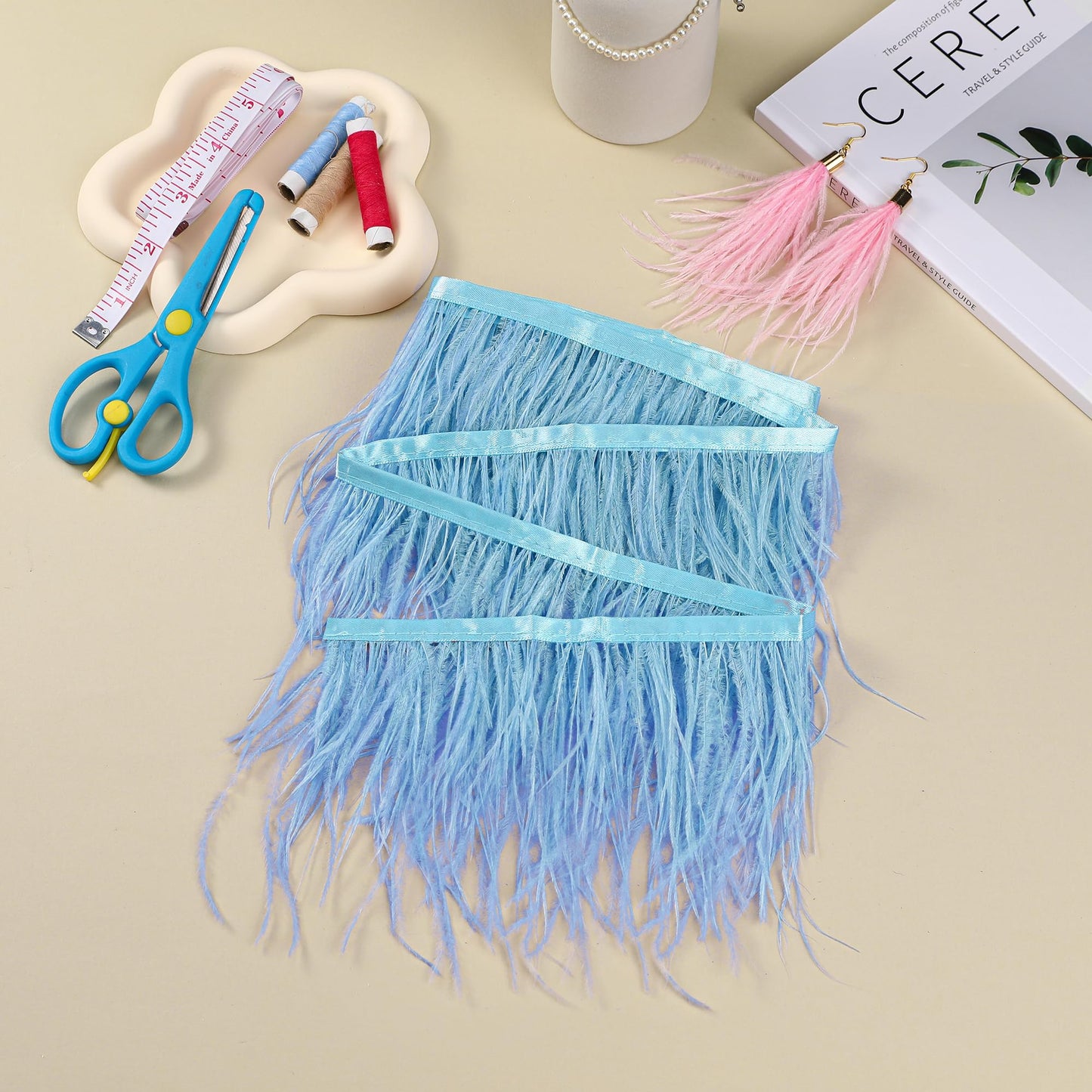 Soarer Light Blue Ostrich Feather Trim - 1.5Ply 4-5Inch 2Yards Feathers Fringe Trim for DIY Sewing Clothing,Halloween Home Party(1.5ply-Light Blue)