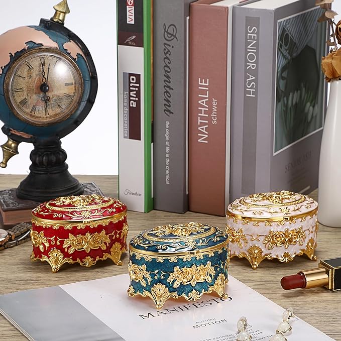 Hipiwe Vintage Metal Jewelry Box - Oval Trinket Organizer Ring Box Case with Rose Pattern Jewelry Storage Box for Ring Earrings Necklace, Gift for Women