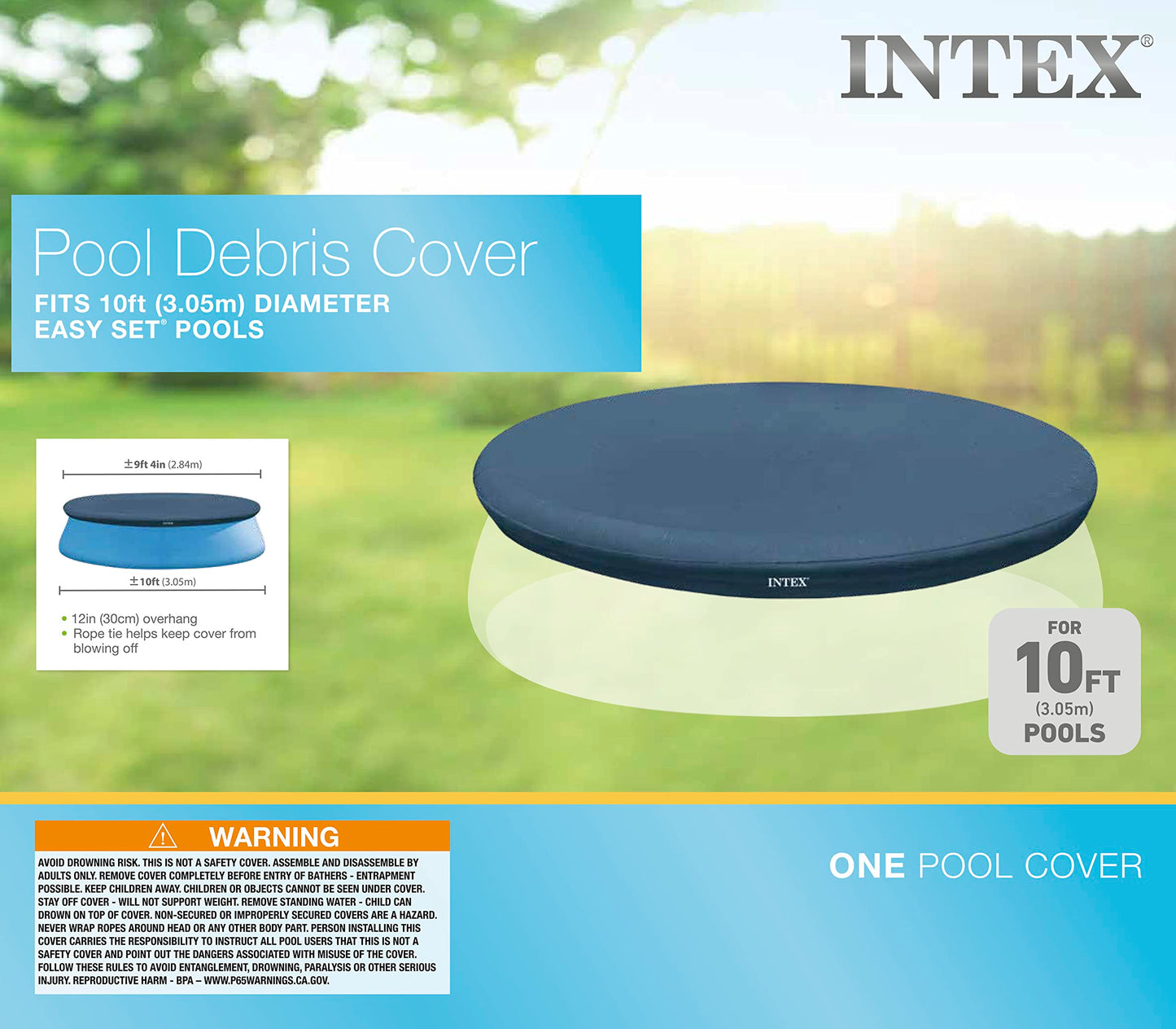 INTEX 28021E Pool Cover: for 10ft Round Easy Set Pools – Includes Rope Tie – Drain Holes – 12in Overhang – Snug Fit