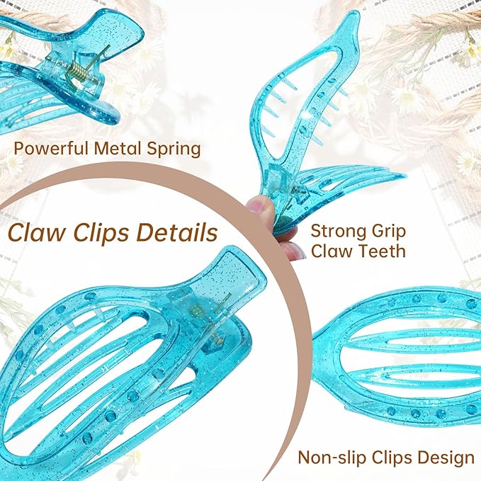 French Flat Hair Clips for Women - 6Pcs Flat Hair Claws for Thin Thick Hair Strong Hold No Slip Grip Hair Claw Clips for Women Girls (Sequins (L:4.6 IN, W:1.97IN))