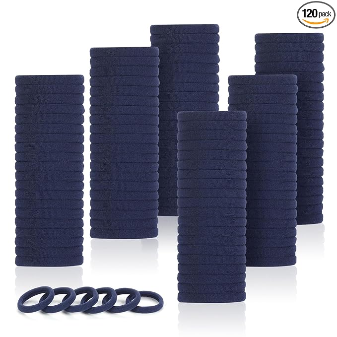 LuSeren 120 Pcs Navy Hair Ties for Women, No Damage Soft Seamless Nylon Hair Elastics for Thick Hair, Ponytail Holders, Solid Navy Hair Accessories