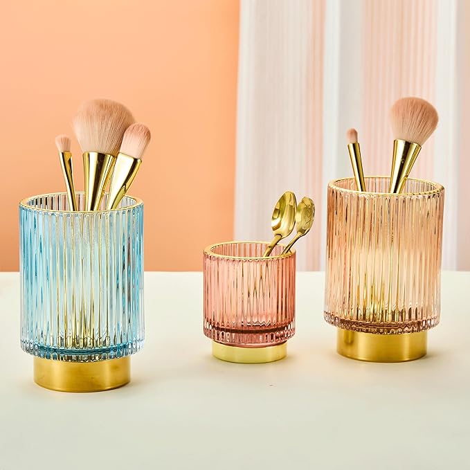Makeup Brush Organizer, Toothbrush Holder, Desk Pen Pencil Holder, Multifunctional Vintage Glass Brush Cup (S/Gold/A3-12-US)