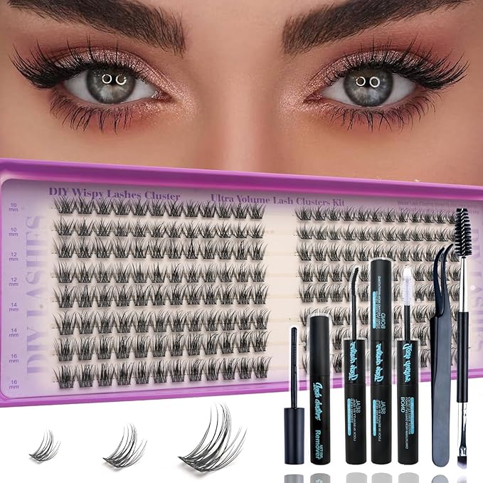 Wispy Lash Clusters Kit, Natural Lash Cluster Eyelash Extensions 192 Pcs C Curl 10-16mm Individual Fluffy False Eyelashes Thin Band DIY Kit for Beginners at Home with Bond Seal Remover Tweezers Brush