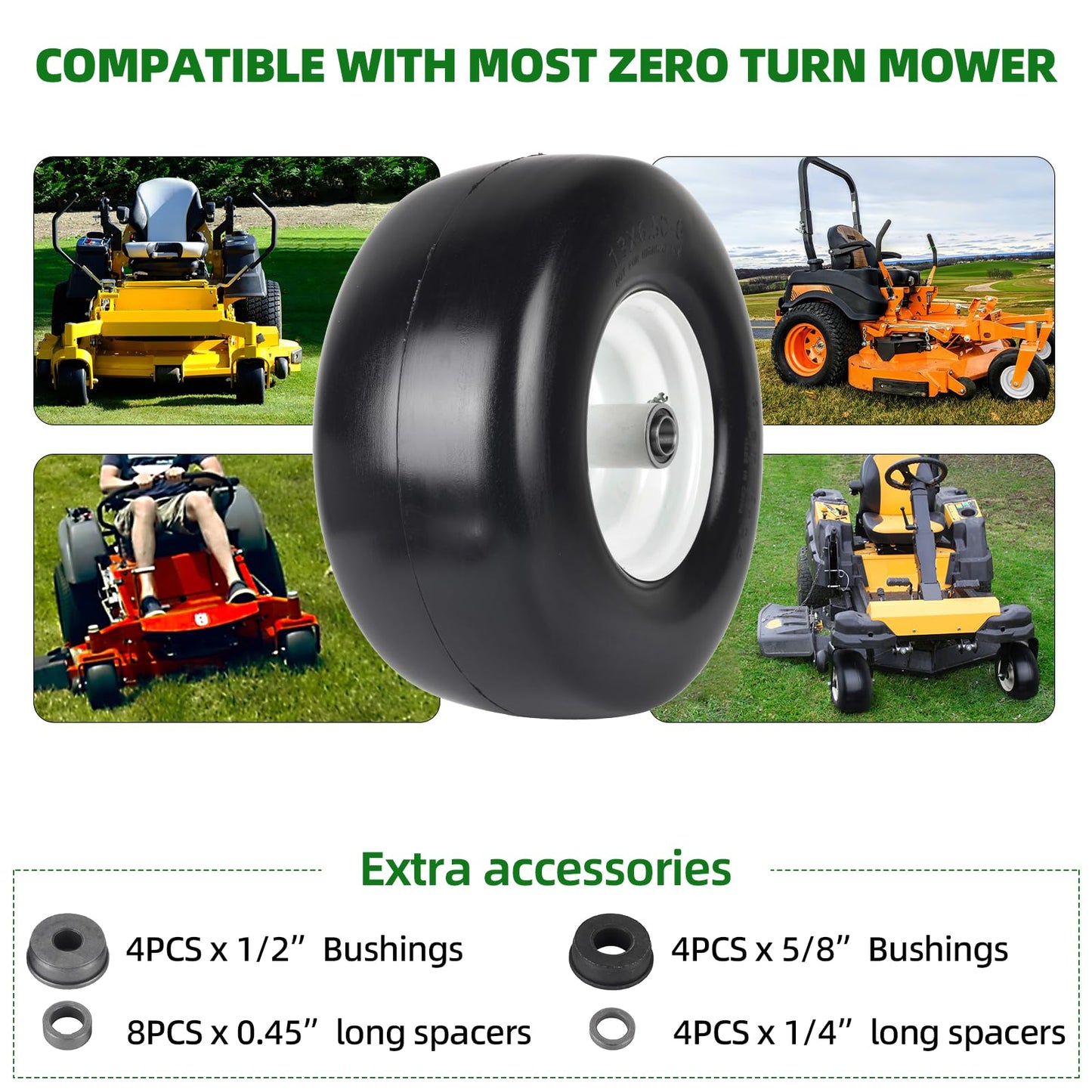 AR-PRO (2-Pack) 13x6.50-6 Flat Free Tire and Wheel - Universal 13x6.5-6 Solid Rubbe Riding Lawn Mower Tire with Rim - With 5.5"-7.8” Centered Hub and 3/4" Bearings extra 5/8" 1/2” Bushings