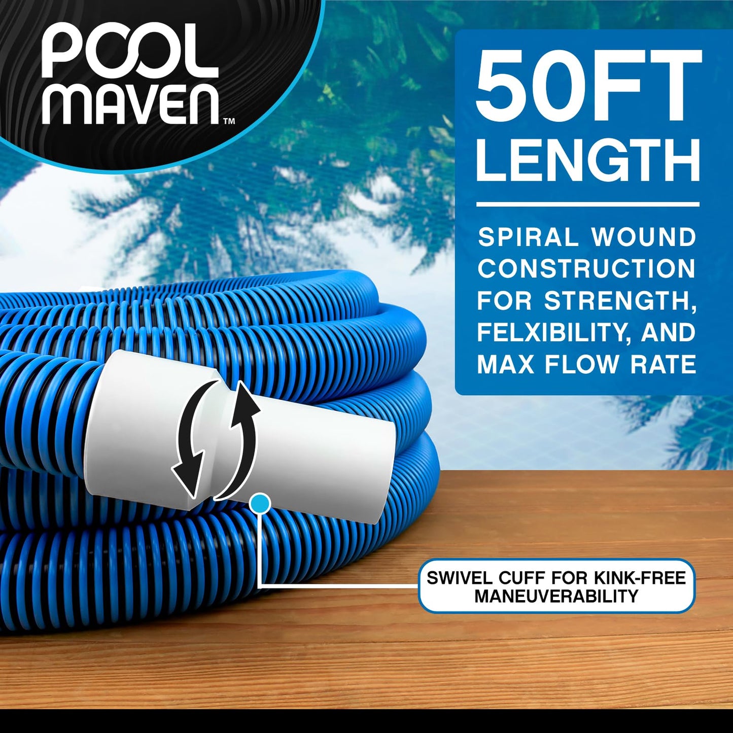 POOLMAVEN Heavy-Duty Manual Pool Vacuum Hose, 50 Ft x 1-1/2”, Kink-Free Swivel Cuff, Professional Grade Spiral-Wound Design, UV & Chemical Resistant for Inground & Above Ground Pools, Made in USA