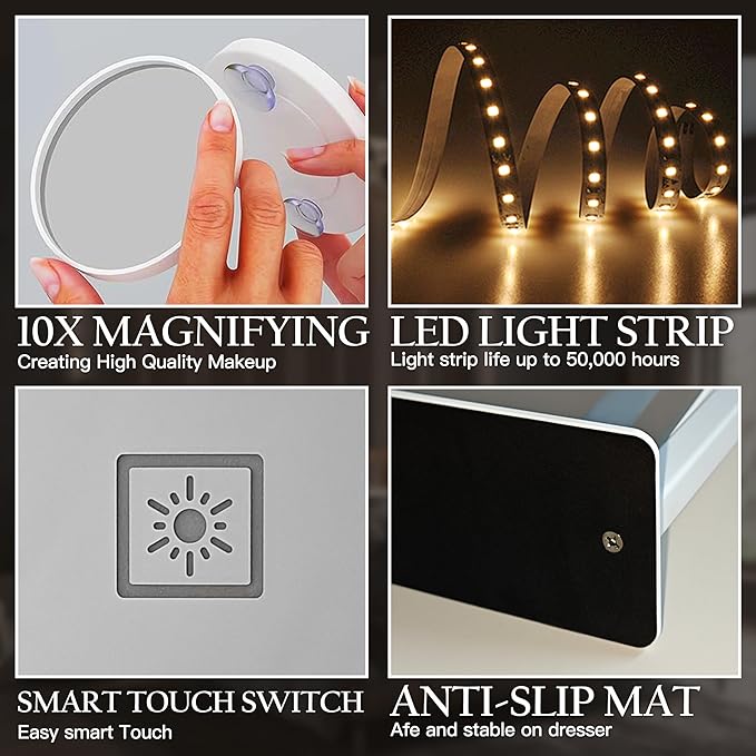 ROLOVE Vanity Mirror with Lights 15"x12", Lighted Makeup Mirror with 10X Magnification, 3 Color Lighting & Dimmable Brightness, Light Up Mirror for Desk, Bedroom, Bathroom