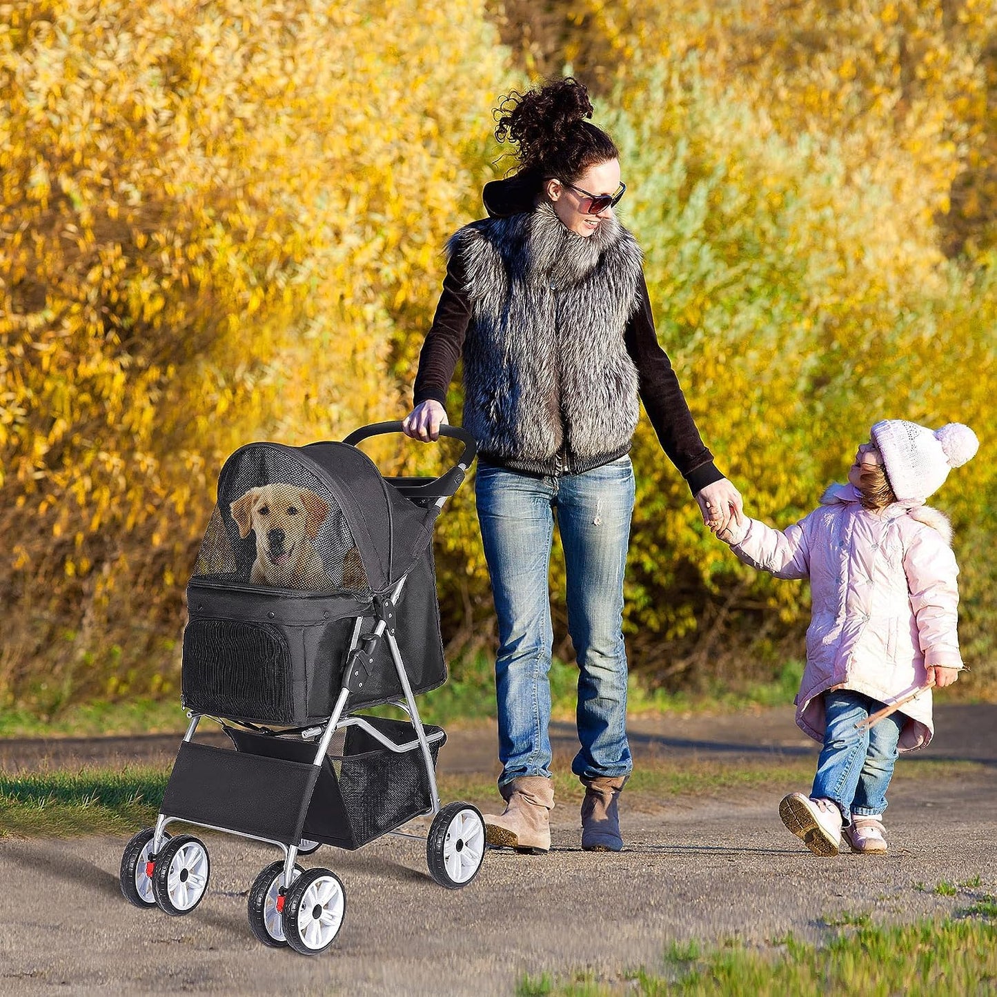 ZENY Foldable Pet Stroller, Cat/Dog Stroller with 4 Wheel, Pet Travel Carrier Strolling Cart with Storage Basket, Cup Holder (Black)
