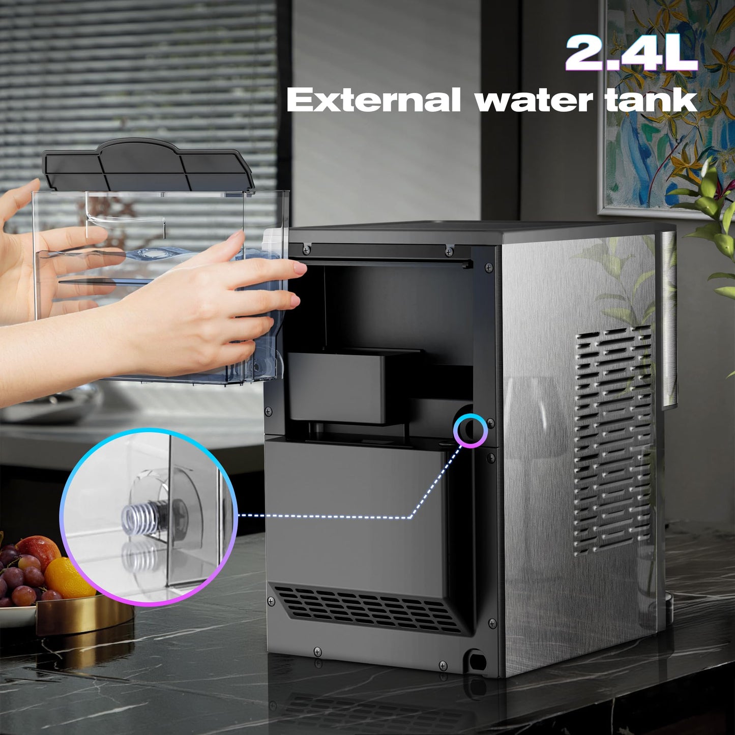 Kismile Countertop Nugget Ice Maker, 44lbs/24H Soft Chewable Pebble Ice Machine with Self-Cleaning and One-Click Operation, Compact Pellet Ice Maker for Home & Kitchen (Silver)