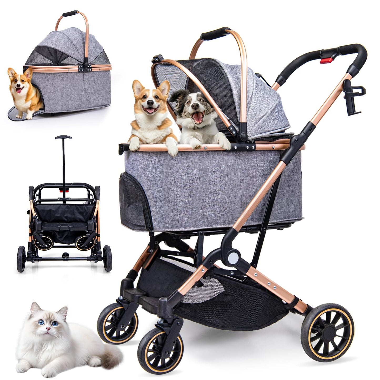 LENSEMUS Dog Stroller for Max 45 lbs Dogs - 3 in 1 Pet Stroller with Detachable Storage Basket 4 All-Terrain Rubber Wheels Pull Rod Durable Travel Carrier for Medium Dogs 2 Small Cats (Grey)