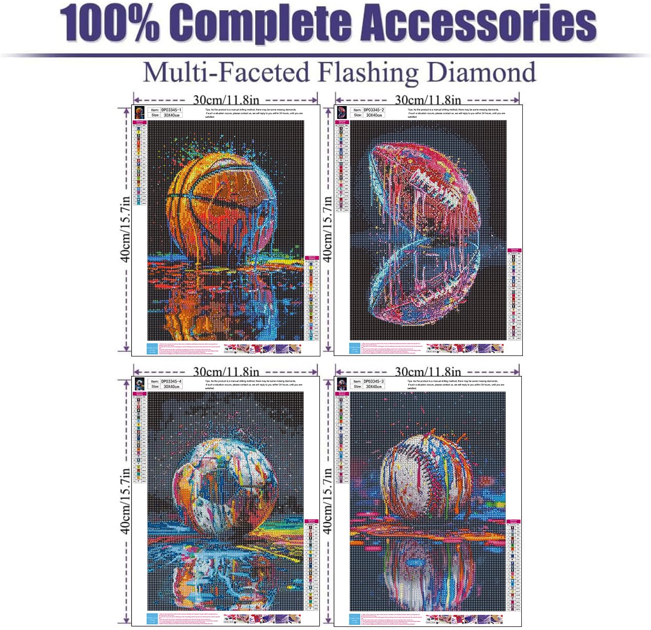 4 Pack ball games Diamond Art Kits for Adults, 5D DIY graffiti style Diamond Painting Kits for Beginner, Diamond Dots Full Drill Crafts for Gem Art for Adults Home Wall Decor for Boys Girls 12x16 inch