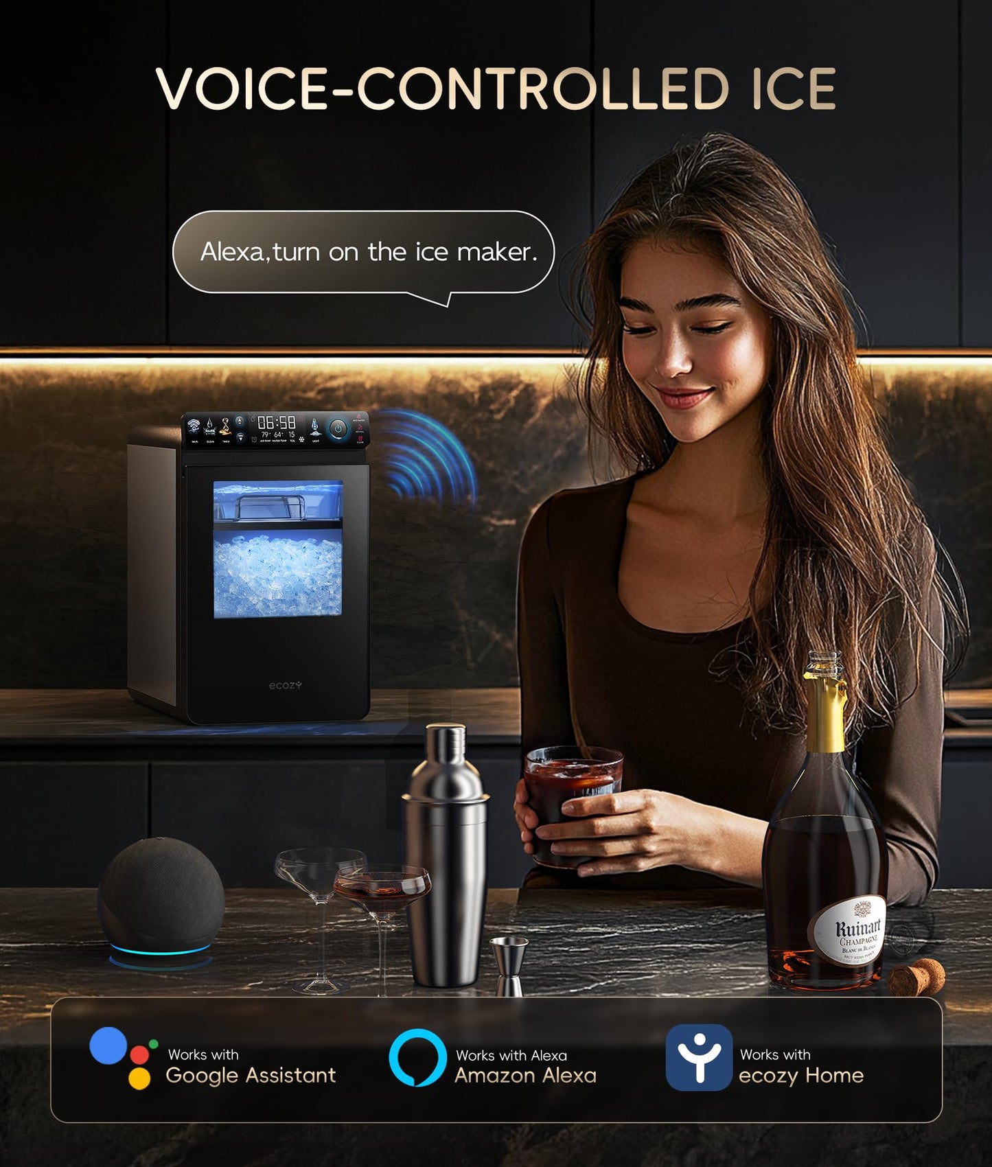 ecozy Smart Nugget Ice Maker Countertop, First Full-Color Smart Panel Ice Machine with APP Control, Double-Layer Insulation, 44 lbs/24H Soft Pellet Chewable Ice, Pull-Out Water Tank, Self-Cleaning