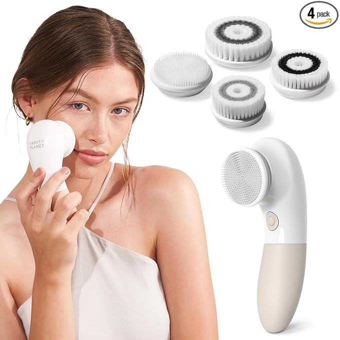 Vanity Planet Raedia Facial Cleansing Brush - Electric Facial Cleansing Brush with 4 Exfoliating Brush Heads - Waterproof, Handheld, Lightweight for Face Scrubber and Exfoliating Face - Warm Grey