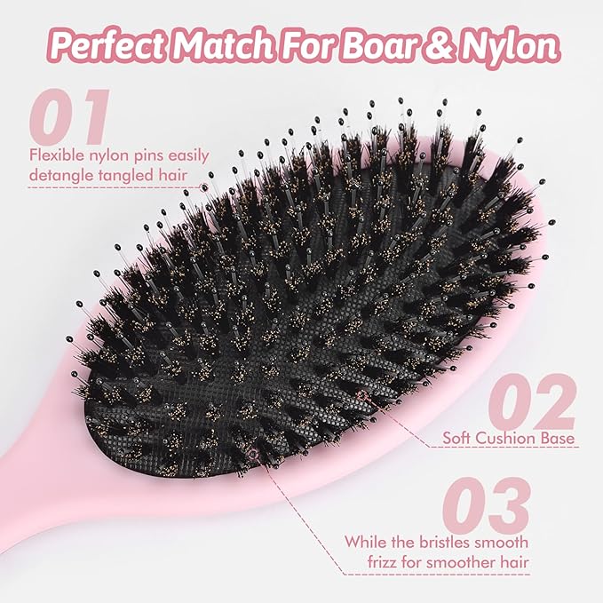 Boar Bristle Hair Brush for Women Men - Gentle Detangling Paddle Brush Pink with Nylon & Boar Bristles, Smoothing, Massage & Shine, Reduces Frizz, for Curly, Thick, Thin, Wet or Dry Hair & Extensions