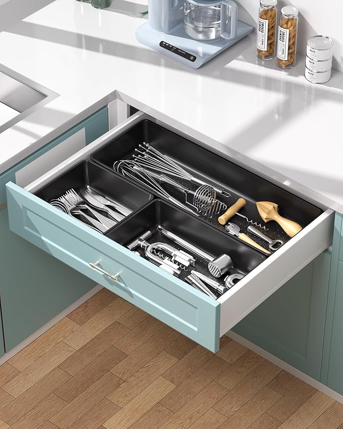 10 Pack Large Size Plastic Drawer Organizers Set, 3 Sizes Desk Drawer Organizer Trays, Storage Bins for Vanity, Makeup, Bathroom, Kitchen Utensils and Office (Black)